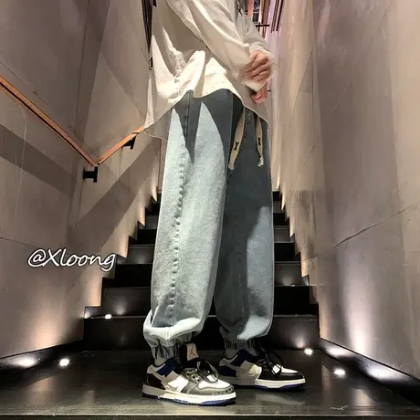 抽绳束脚牛仔裤男春秋季新款复古潮流休闲韩版潮牌痞帅宽松长裤子图片