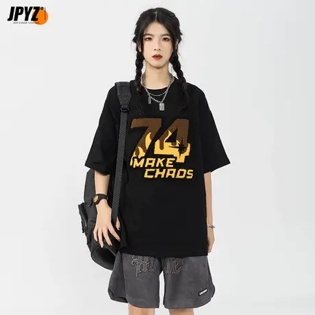 秋季潮牌个性火焰T恤男潮流街头美式嘻哈纯棉设计感宽松打底上衣商品大图