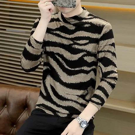 半高领男长袖t恤潮牌秋装个性痞帅上衣ins时尚高级感水波纹打底衫商品大图