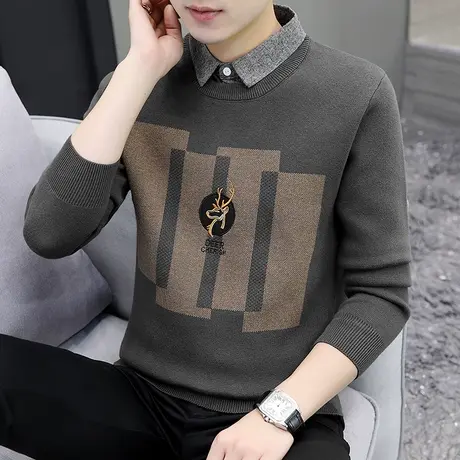 假两件长袖t恤男士秋冬季保暖衬衫领打底衫内搭加绒加厚秋装上衣商品大图