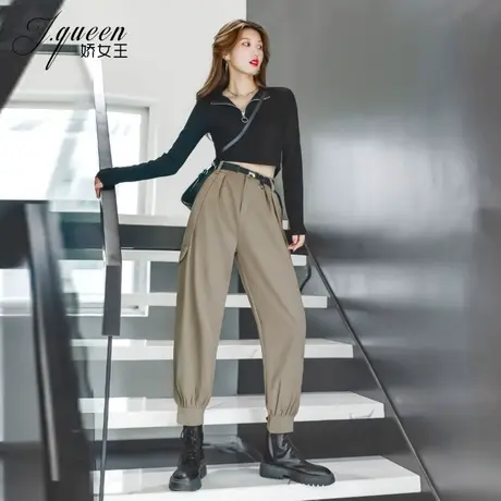 工装裤女高腰秋季新款复古港味潮流休闲裤子宽松哈伦裤九分束脚裤图片