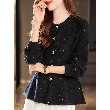 宝诗黎圆领亮片羊毛针织开衫休闲显瘦上衣2024春季新款时尚短外套商品大图