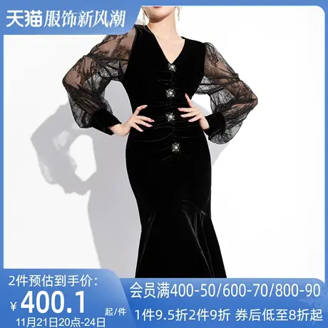 AUI黑色御姐气质蕾丝连衣裙女2023秋季新款高级感泡泡袖V领中长裙图片