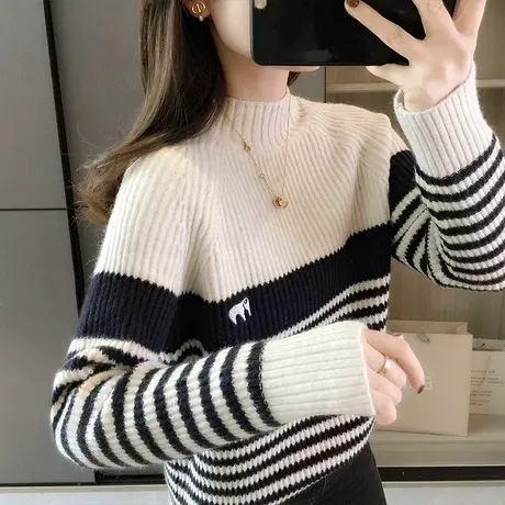 半高领针织衫女士秋冬季2023新款加厚打底衫宽松套头毛衣条纹上衣商品大图