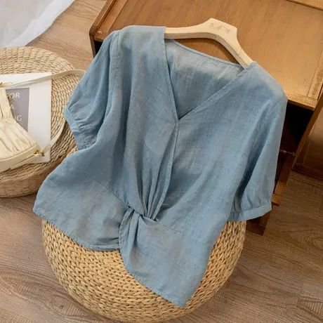短袖苎麻上衣女法式复古棉麻小衫气质高级感小众设计薄款2022新款图片