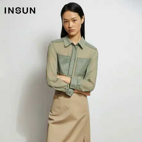 INSUN恩裳秋季格纹复古拼接修身衬衫图片
