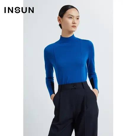 INSUN恩裳冬季纯色克莱因蓝显白打底针织衫商品大图