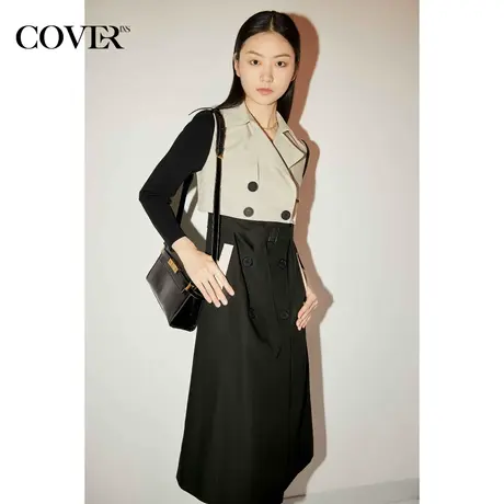 COVER秋季撞色拼接针织袖风衣外套图片