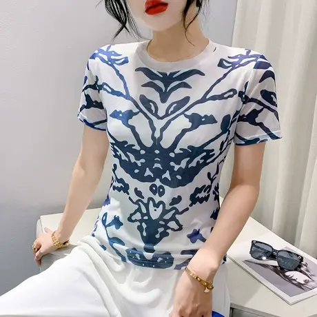 时尚印花网纱短袖T恤女士夏装凉爽透气小衫洋气圆领上衣设计感ins商品大图