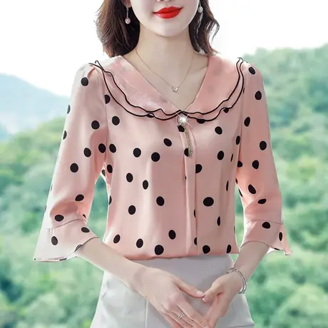 波点衬衣女士2023夏季新款设计感短袖雪纺衬衫娃娃领中袖洋气上衣商品大图