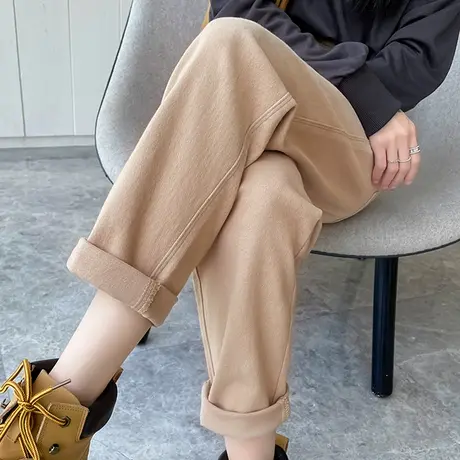 卡其色哈伦牛仔裤女宽松直筒秋冬季显瘦高腰小个子休闲工装老爹裤商品大图