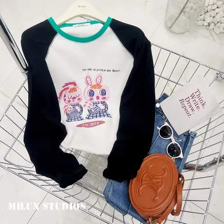 韩国东大门长袖上衣小众设计感插肩袖T恤打底衫包臀2022秋季新款商品大图