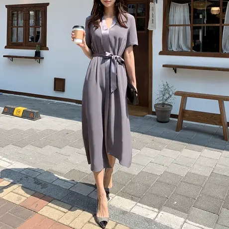 百洛安v领落肩袖连衣裙女夏装新款韩版宽松系带长款醋酸大码裙子图片