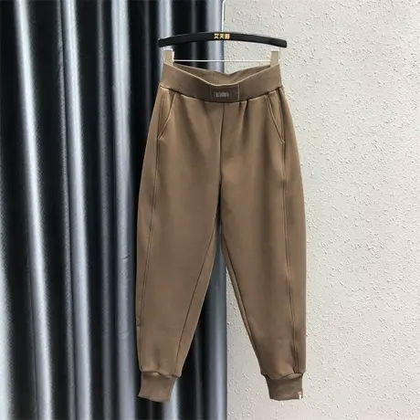 欧货高腰加绒休闲束脚裤女2023秋冬新款咖啡色松紧腰百搭哈伦卫裤图片