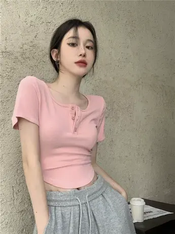奶凶小腰精纯欲短款弧形显瘦纯色圆领短袖t恤女夏季内搭收腰上衣商品大图