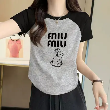 2023新款正肩纯棉插肩短袖t恤女不规则短款显瘦上衣打底衫夏季潮图片