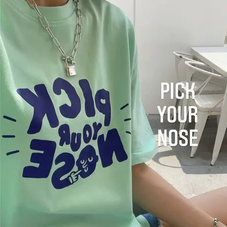 红续夏季绿色宽松显白纯棉印花上衣2023年新款设计感印花短袖百搭商品大图