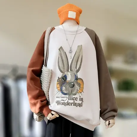 大码圆领卫衣女秋冬宽松加绒加厚设计感小众冬季胖mm上衣200斤潮图片