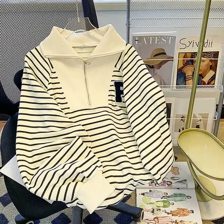 条纹长袖连帽卫衣女春秋季新款宽松薄款韩版百搭复古港味上衣服潮图片
