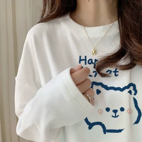 胖mm大码宽松白色t恤女秋oversize小熊潮牌ins减龄长袖打底衫上衣商品大图