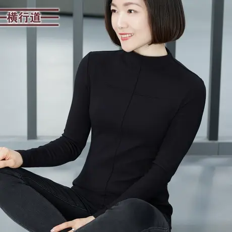 2025新款春季半高领长袖打底衫上衣女棉t恤小衫黑色纯色内搭体恤商品大图