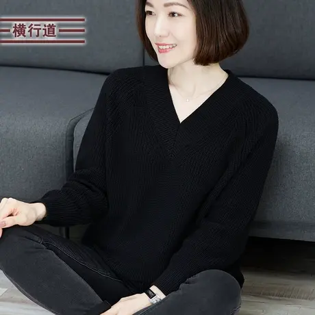 2025春季新款黑色大码胖MM中年妈妈长袖外穿中长款v领上衣针织衫商品大图