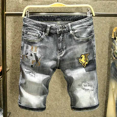 黑灰色潮牌破洞牛仔五分裤男修身韩版潮流马裤夏季烫钻短裤男款薄商品大图