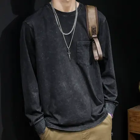 2024春季长袖t恤男纯棉宽松ins潮圆领潮流男士打底衫大码日系复古商品大图