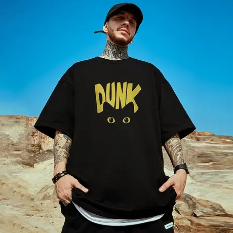 重磅宽松男士T恤胖子短袖男加肥加大五分袖纯棉黑色大码男装夏季图片