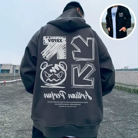 2025新款oversize春秋季宽松加肥加大码连帽拉链开衫卫衣男潮外套商品大图