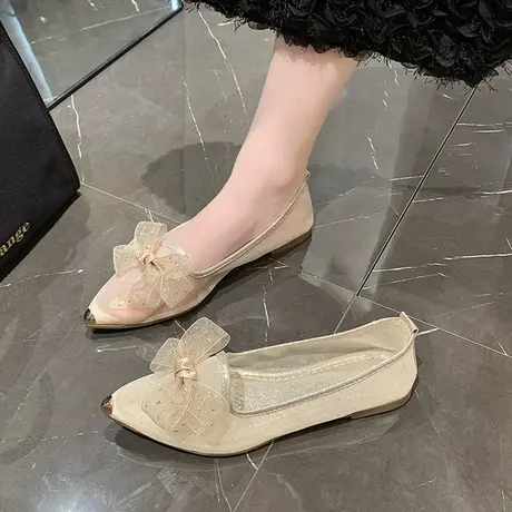 网纱单鞋女夏2023新款水钻蝴蝶结温柔风淑女鞋平底透气网面鞋尖头商品大图