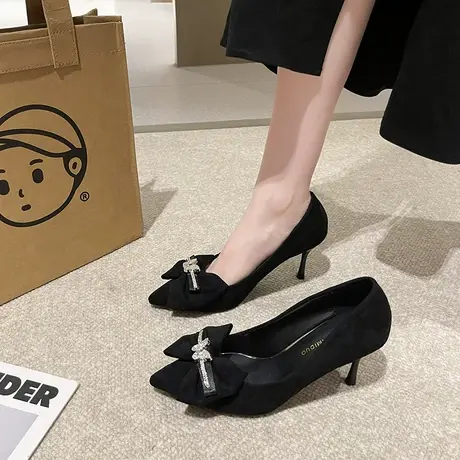 女鞋新款2024新款秋季蝴蝶结职业通勤高级水钻单鞋气质法式高跟鞋商品大图