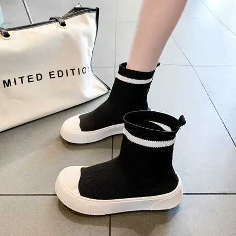 高帮弹力袜子鞋飞织靴女2024新款中筒时尚春秋女鞋休闲百搭短靴潮图片