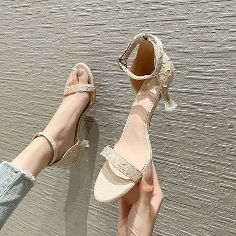 2024年夏季新款一字扣带性感高跟鞋女细跟气质百搭仙女风露趾凉鞋商品大图
