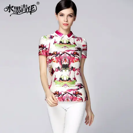 【1件7.9折】夏装新款通勤气质短袖小立领印花舒适女上衣图片