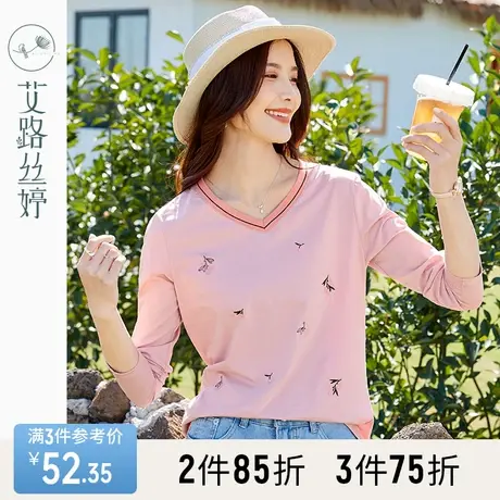 艾路丝婷花卉刺绣长袖T恤女装2023春秋新款打底衫V领撞色修身上衣商品大图