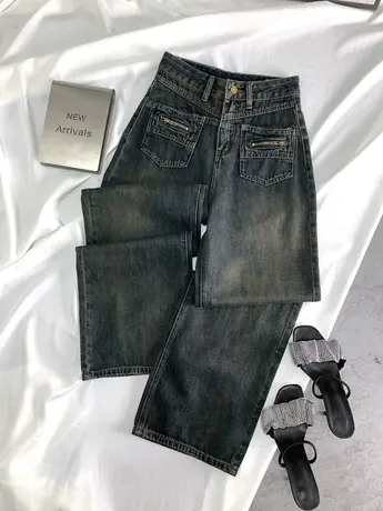 小口袋做旧磨白牛仔直筒裤女2024春季新款显瘦百搭高腰宽松阔腿裤图片