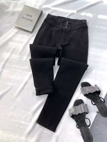 美式排扣加绒牛仔小脚裤2023冬季新款弹力显瘦百搭高腰九分铅笔裤商品大图