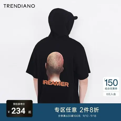 TRENDIANO官方潮牌男装时尚潮流人像印花刺绣套头连帽美式短袖T恤商品大图