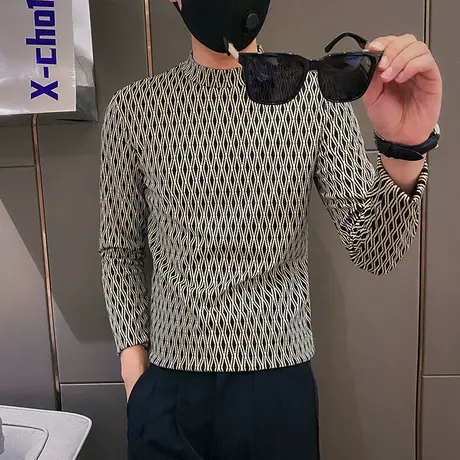 2022秋季新款简约花色长袖t恤男士百搭韩版修身打底衫菱形ins上衣商品大图