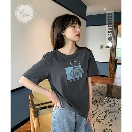 yoe小熊短袖T恤女夏季新款炭灰色洋气显瘦宽松上衣小个子好看流行图片