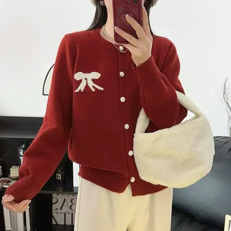 红色毛衣女外套秋冬装2023年新款针织开衫宽松百搭休闲女上衣外穿商品大图