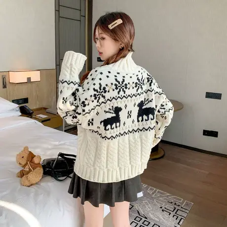 othermix撞色翻领毛衣外套女2024春季新款小个子针织开衫上衣短款商品大图