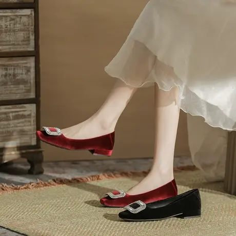 平底单鞋女2024新款春季方头水钻一脚蹬软底职业工作鞋粗跟高跟鞋图片