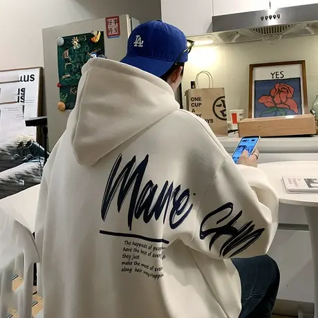 连帽卫衣男秋冬季新款美式潮牌套头帽衫情侣款设计感印花宽松外套商品大图