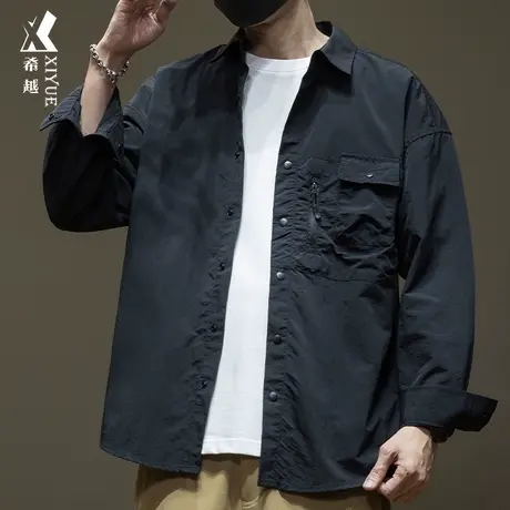 希越日系工装黑色男士衬衫2024春季新款宽松大码无帽衬衣薄外套潮商品大图