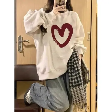 美式复古爱心印花设计感卫衣女春秋薄款宽松慵懒chic休闲百搭上衣商品大图