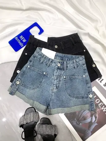 美式大口袋卷边牛仔短裤女2024春夏新款高腰显瘦短裤阔腿a字短裤图片