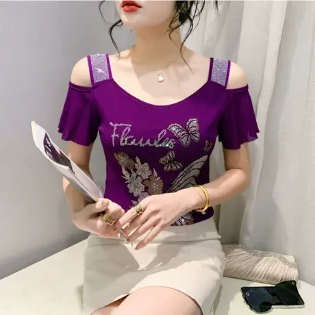 性感一字领女装新款时尚拼接烫钻T恤气质网纱小衫心机露肩上衣ins商品大图