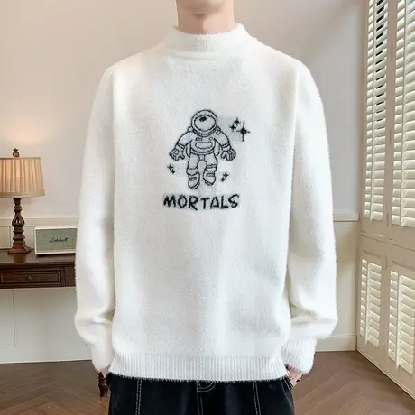 毛衣男秋冬季个性提花宇航员针织打底衫潮牌男士半高领水貂绒线衣商品大图